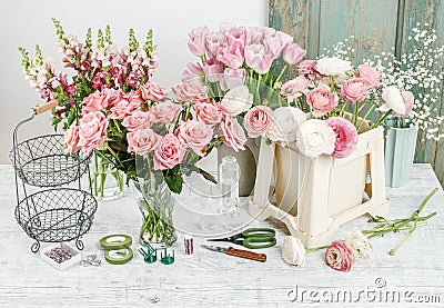 Florist workplace: flowers and accessories Stock Photo