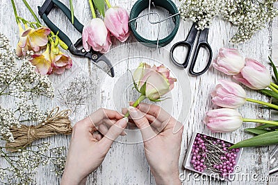 Florist workplace: flowers and accessories Stock Photo