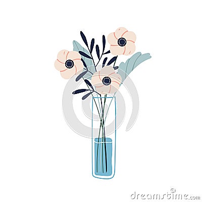 Floristic composition of garden flowers in glass vase. Beautiful bouquet of cut fresh anemones and meadow leaves Vector Illustration