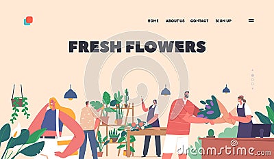 Floristic Store Landing Page Template. Flower Shop Interior with Customers Choosing and Buying Fresh Flower Bouquets Vector Illustration