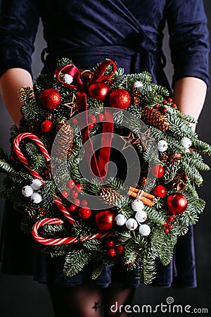 Floristics gift delivery service christmas wreath Stock Photo