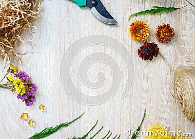 Floristry. Florist workplace. Copy space. Flower delivery. Training in a floristic school Stock Photo