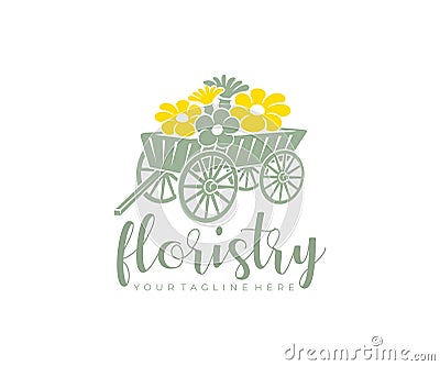 Floristry flowers old wooden cart and dray with wheels logo design. Plant floral garden floriculture and flower beds vector Vector Illustration