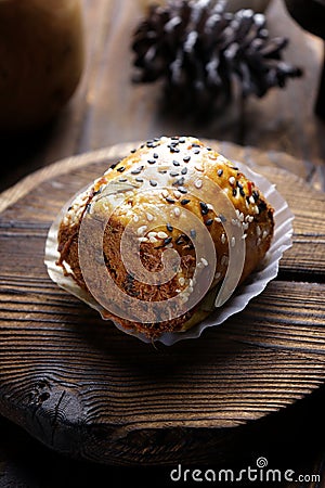 Floss roll bread on wooden table Stock Photo