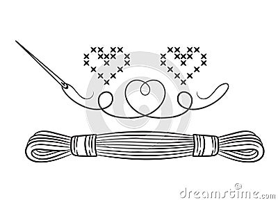 Floss thread skein with sewing needle for cross stitch embroidery handmade fancywork icon. Mouline string for sew hobby. Vector Vector Illustration