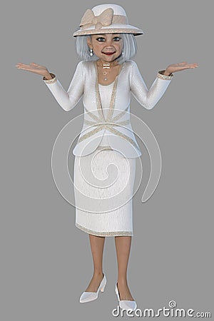 Full body image of a beautiful silver-haired older woman standing with her hands up shrugging on an isolated gray background Stock Photo