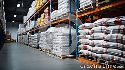 Flour bags in warehouses are stacked on pallets, factories for processing and as mix ingredient Stock Photo