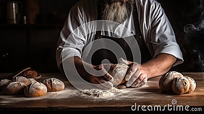 flour baker cook dough food pastry chef hands knead kitchen. Generative AI. Stock Photo