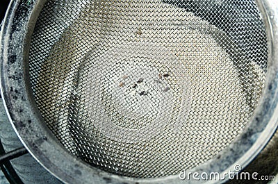 Flour beetles, parasites in wholemeal flour through a metal sieve Stock Photo