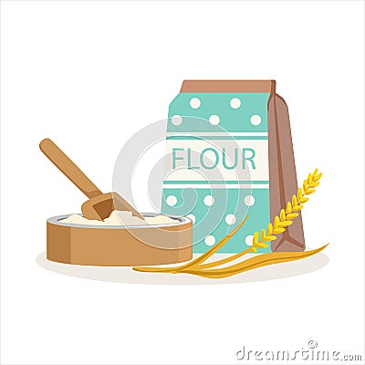 Flour in a craft paper bag and wooden bowl with scoop vector Illustration Vector Illustration