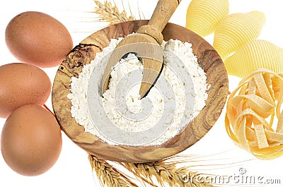 Flour and eggs ingredients Stock Photo