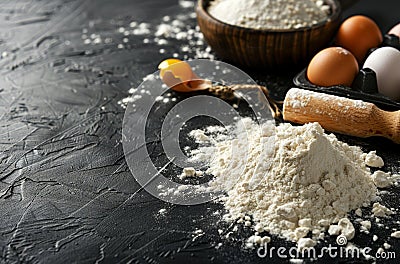 Flour, Eggs, and Rolling Pin on Black Surface Stock Photo