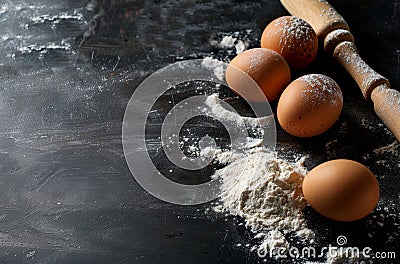 Flour, Eggs, and Rolling Pin on Black Surface Stock Photo