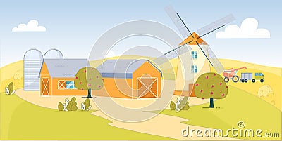 Flour Farm near Large Wheat Field with Windmill. Vector Illustration