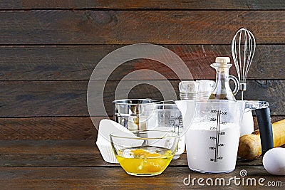 Flour with kitchen accessories for making dough. Dough for baking Stock Photo