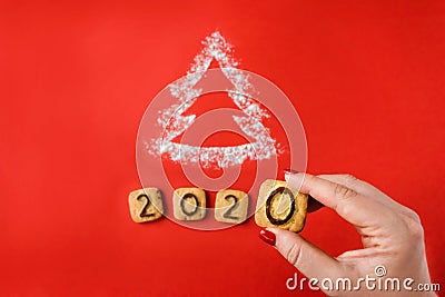 Flour Silhouette Christmas Tree with cookies digits 2020 on red background with women hand Stock Photo