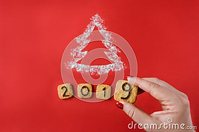 Flour Silhouette Christmas Tree with cookies digits 2019 on red Stock Photo