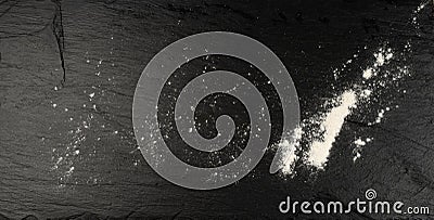 Flour Texture Background, Wheat Flour Pattern with Copy Space, Bakery Banner Mockup, Black Table Plate Stock Photo