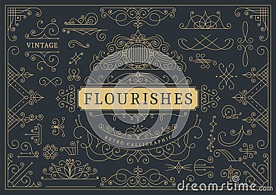 Flourishes calligraphic vintage ornamental background. Golden ornate page with swirls and vignettes elements. Frame Vector Illustration