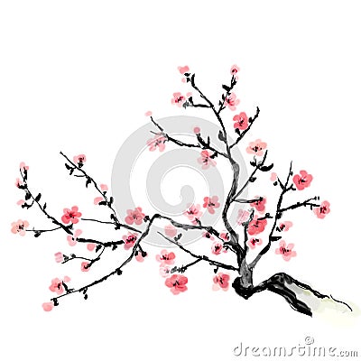 A flourishing branch of cherry, painting. Japanese art. Bitmap illustration Cartoon Illustration
