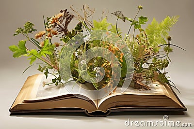 Flourishing Pages: Open Book with Wild Plant Life. Generative AI Stock Photo