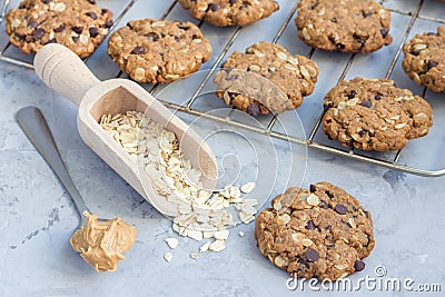 Flourless gluten free peanut butter, oatmeal and chocolate chips cookies on cooling rack, horizontal Stock Photo