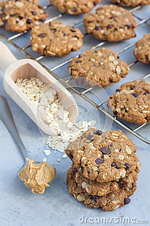 Flourless gluten free peanut butter, oatmeal and chocolate chips cookies on cooling rack, vertical Stock Photo