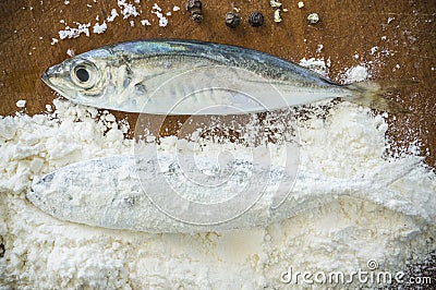 Floury fish on a wooden background Stock Photo