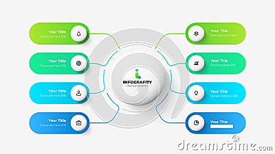 Flow chart infographic slide. Concept of business project visualization with 8 options. Infochart design template Vector Illustration