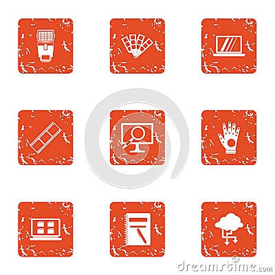 Flow of information icons set, grunge style Vector Illustration