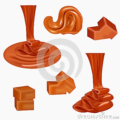 Flow, pouring sweet caramel.Caramel candies,square,toffee,pieces of fudge, sauce. Melted caramel cream. Peanut butter Vector Illustration