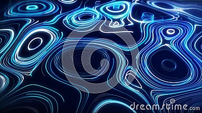 A flow of smooth swirling vortices. Glowing coils of turbulence on a blue background. Big data sound visualization Stock Photo