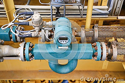 Flow transmitter or Flow transducer equipment function and sent PLC logic to processor in oil and gas production process Stock Photo
