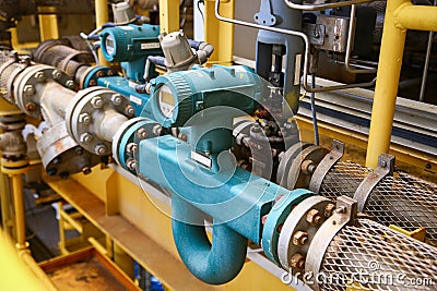 Flow transmitter or Flow transducer equipment function and sent PLC logic to processor in oil and gas production process Stock Photo