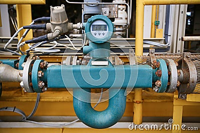 Flow transmitter or Flow transducer equipment function and sent PLC logic to processor in oil and gas production process Stock Photo