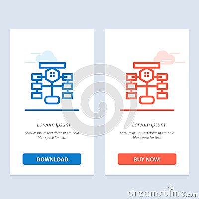 Flowchart, Flow, Chart, Data, Database Blue and Red Download and Buy Now web Widget Card Template Vector Illustration