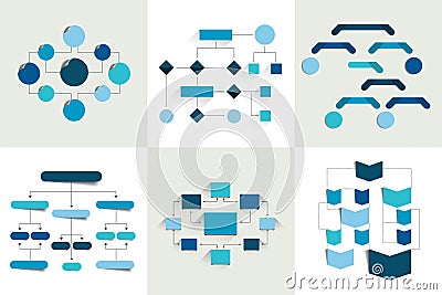 Flowcharts. Set of 6 flow charts schemes, diagrams. Simply color editable. Vector Illustration