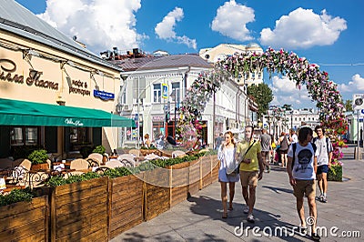 Flower arch on reconstructed Klimentovsky lane in Moscow Editorial Stock Photo