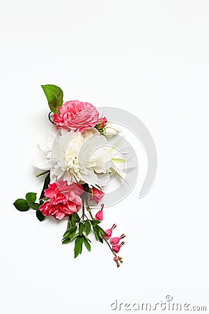 Flower arrangement of Alstroemeria, eustoma, roses, Bleeding heart on a white background Stock Photo