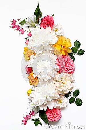 Flower arrangement of Alstroemeria, eustoma, roses, Bleeding heart on a white background Stock Photo