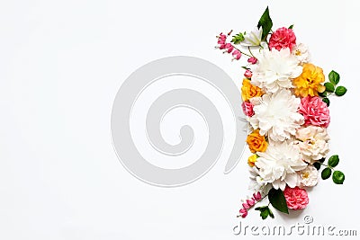 Flower arrangement of Alstroemeria, eustoma, roses, Bleeding heart on a white background Stock Photo