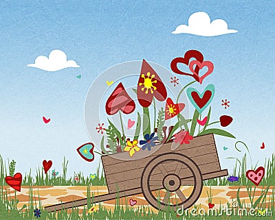 Flower arrangement of colorful hearts in a handcart, Valentine`s day, happy birthday. Vector Illustration