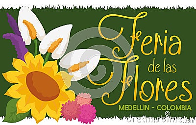 Flower Arrangement over Grass Banner for Colombian Flowers Festival, Vector Illustration Vector Illustration