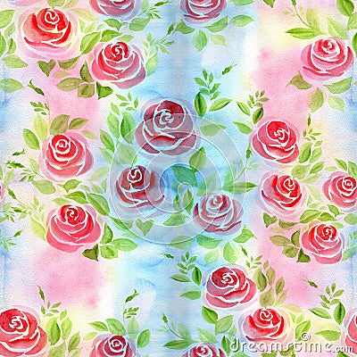 Flower arrangement of roses on a watercolor background. Roses. Seamless background. Collage of flowers and leaves. Stock Photo