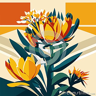 Flower background with yellow and orange crocus. Vector illustration. Generative AI Vector Illustration