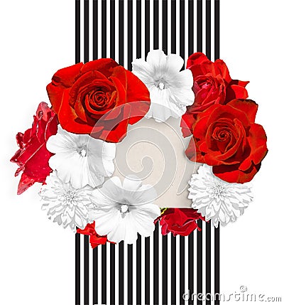 Flower banner. Bright red roses and white mallow, rudbeckia flower on the white black striped background. Stock Photo