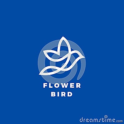 Flower Bird Abstract Vector Icon, Label or Logo Template. Line Style Silhouette. White on Blue Background Vector Illustration