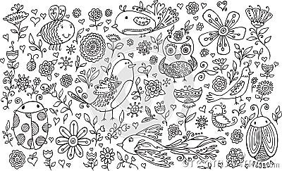 Flower Bird Doodle Vector Set Vector Illustration