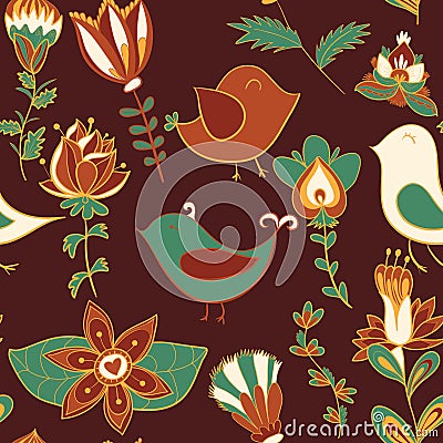 Flower and bird. Seamless texture Vector Illustration