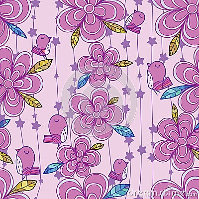 Flower bird vertical star flower purple color seamless pattern Vector Illustration